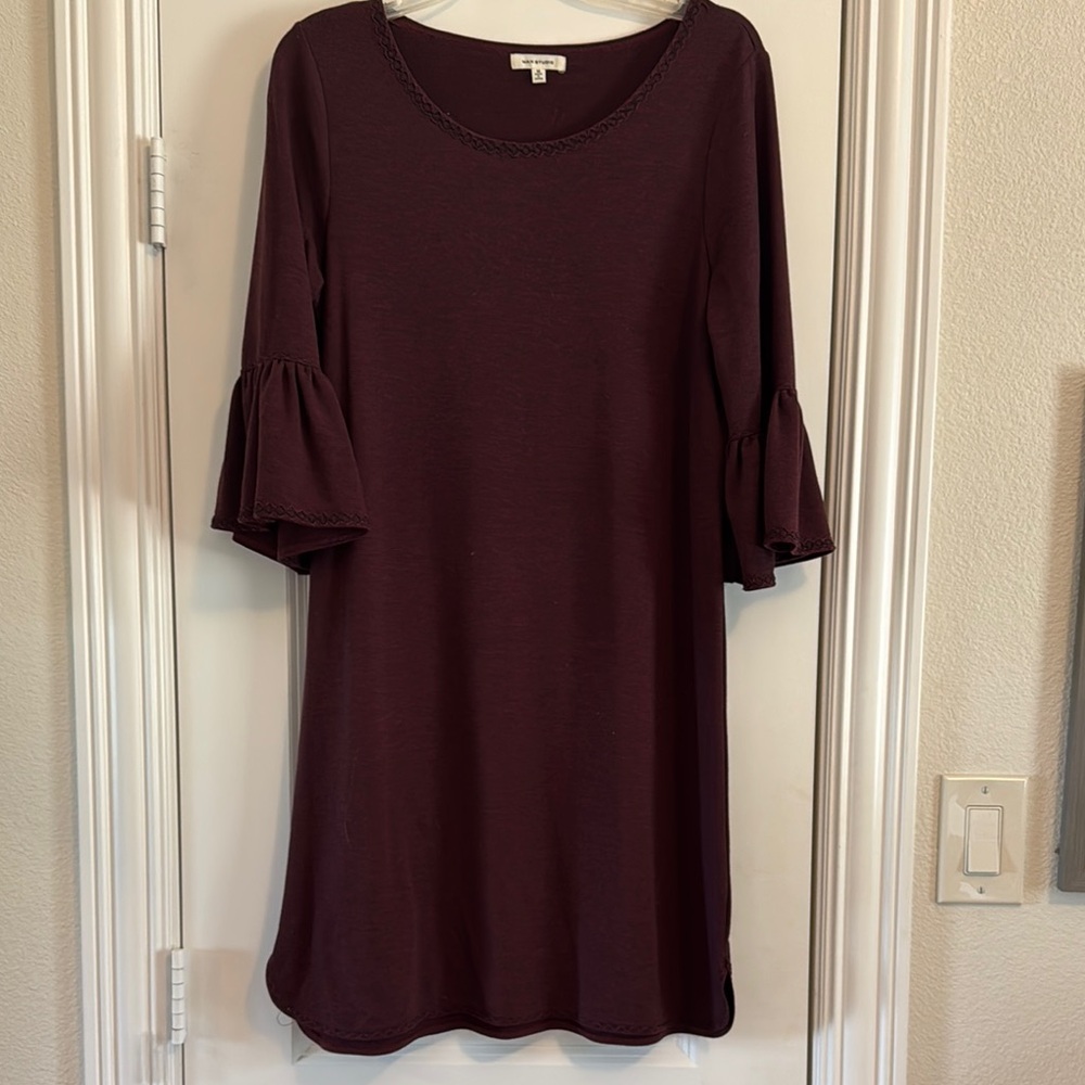 Max Studio Burgundy French Terry Bell Sleeve Dress with black accented trim.